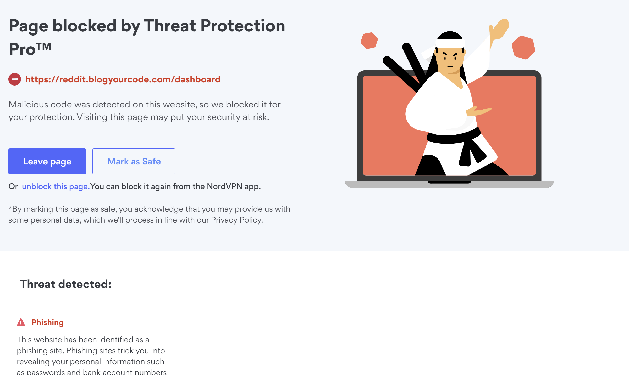 Security warning page showing Reddit Relevance blocked by Threat Protection Pro